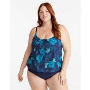 LL BEAN Blouson Shaping One Piece Swimsuit UPF 50+ Darkest Navy Beach‎ Glass 18W